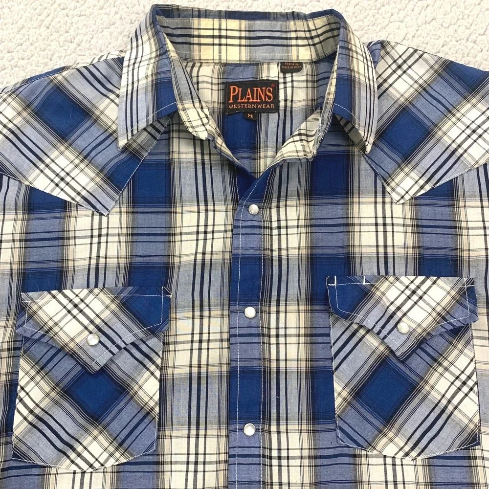 Plains Western Wear Shirt Mens M Blue‎ Plaid Pearl Snap Short Sleeve Yoke